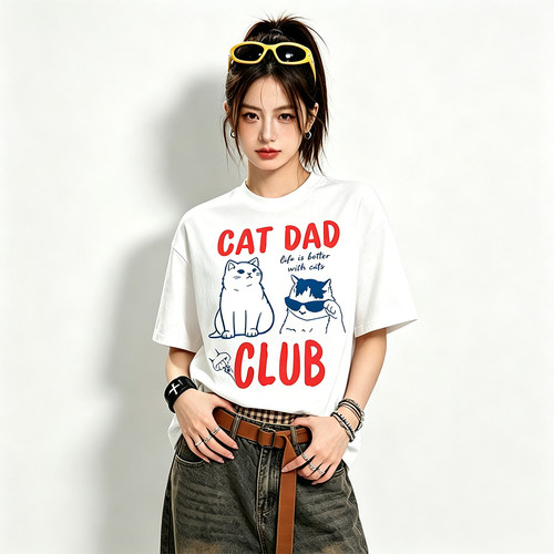 酷拽猫咪治愈系印花CAT DAD CLUB猫爸标语印花宽松短袖T恤衫