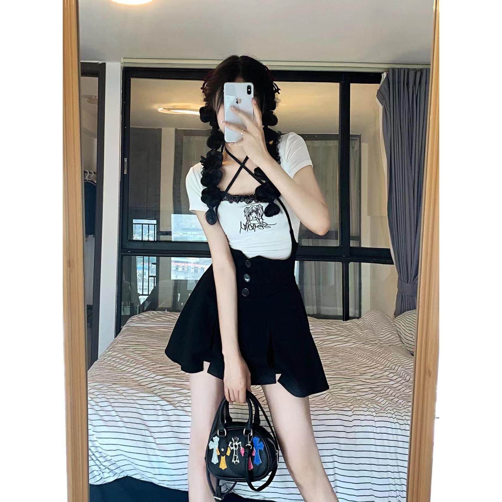实拍 蕾丝拼接上衣女夏季新款学生纯欲短袖印花T恤背带下裙