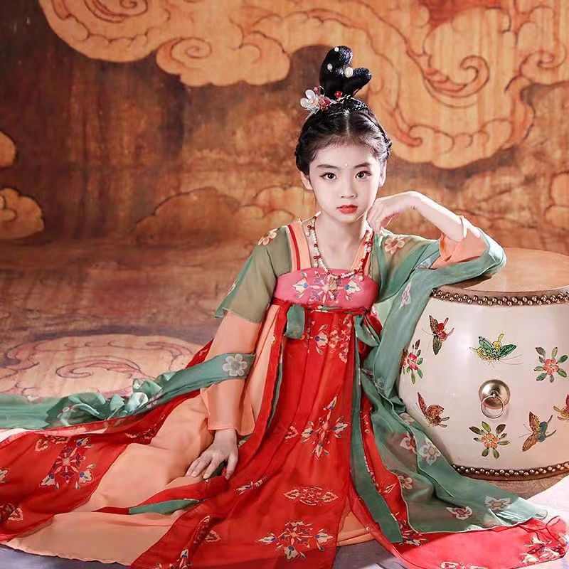 汉服女童夏季夏装仙气儿童敦煌飞天异域舞蹈演出服长袖唐制连衣裙