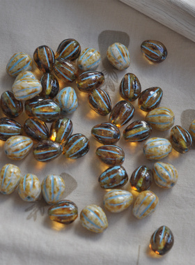 进口捷克珠11x9mm竖孔胖瓜子水滴珠毕加索描蓝复古描金串珠材料