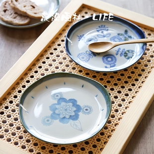 日式复古版画系列陶瓷餐盘 青花釉色朴拙粗陶风格浅盘 果盘牛排盘