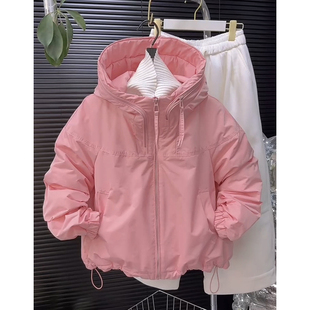 休闲外套2026春秋夹棉薄棉衣女洋气冲锋衣夹克连帽大兜小风衣短款