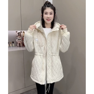 2025冬季款羽绒棉服女压花压格中长款棉袄抽绳收腰显瘦连帽薄棉衣