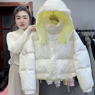 2025冬季短款撞色大帽子羽绒棉衣外套女洋气大兜拼色面包服棉袄