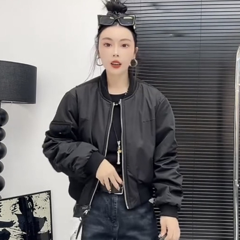 立领棒球服夹克女秋冬夹棉小外套流行设计感短款针织拼接薄棉衣