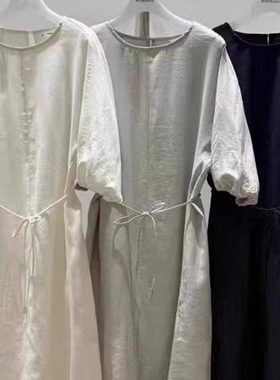 现~2025夏季新女芯宝韩国代购woodsage百搭宽松纯色附腰带连衣裙