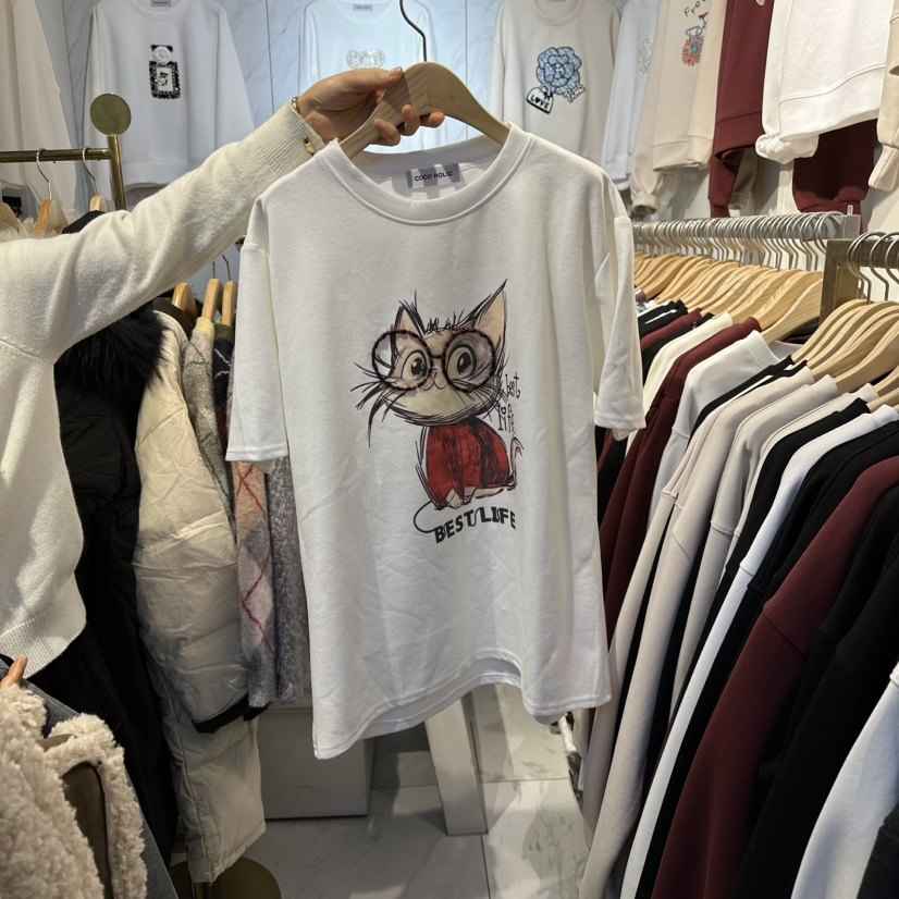 2025冬季新女芯宝韩国代购coco holic舒适眼镜猫图案百搭短袖T恤