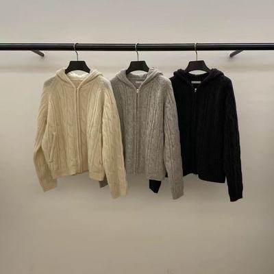 ID舒适拉链纹理麻花连帽针织毛衣