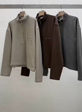 现~2025冬季新款女芯宝韩国代购statement简约纯色宽松半拉链卫衣