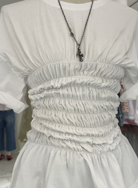 2025夏季新女芯宝韩国代购BAGUETTE修身显瘦褶皱纯色百搭短袖T恤