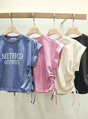 现~2025夏季新女芯宝韩国代购MONTER百搭抽绳显瘦字母印花短袖T恤