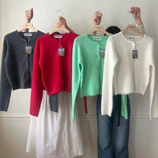 现~2025春女芯宝韩国代购BALANCE纯色单排扣花边圆领羊毛针织开衫