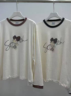 现~2025秋季新款女芯宝韩国代购visual space百搭撞色印花长袖T恤