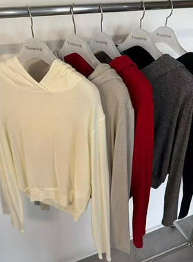 现~2025秋季新款女芯宝韩国代购tempting百搭连帽纯色高腰长袖T恤