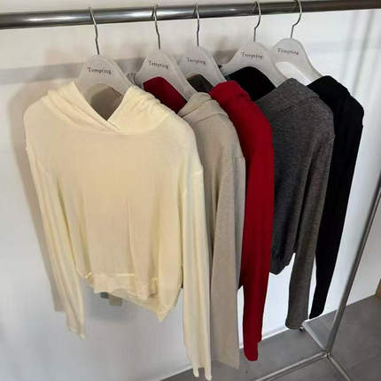 现~2025秋季新款女芯宝韩国代购tempting百搭连帽纯色高腰长袖T恤