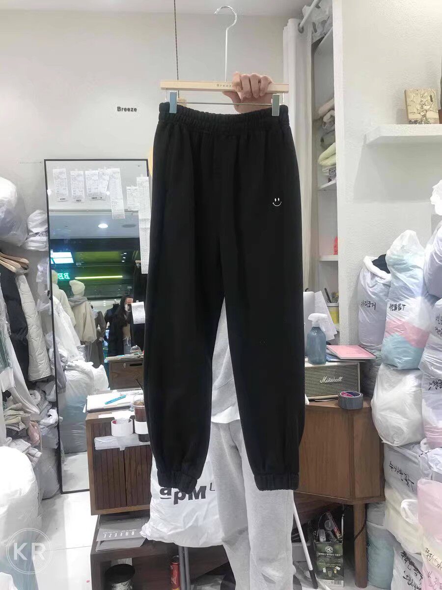 现~韩国东大门2025春女Breeze糖果色笑脸松紧腰束脚运动休闲卫裤