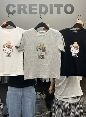 2025夏新女芯宝韩国代购CREDITO时尚帽子KITTY猫图案百搭短袖T恤