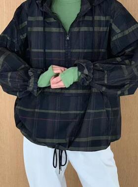 现2025春季新女芯宝韩国代购self service宽松连帽半拉链格子外套