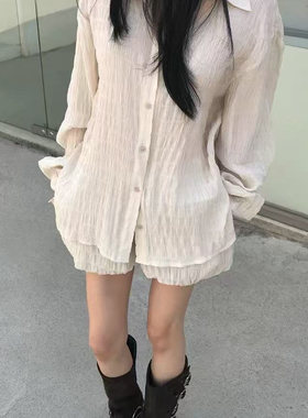 现~2025夏季新女芯宝韩国代购pado时尚舒适纯色褶皱机理长袖衬衫