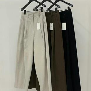 现2024冬季新女芯宝韩国代购OBJECT洋气高腰褶皱阔腿显瘦休闲西裤