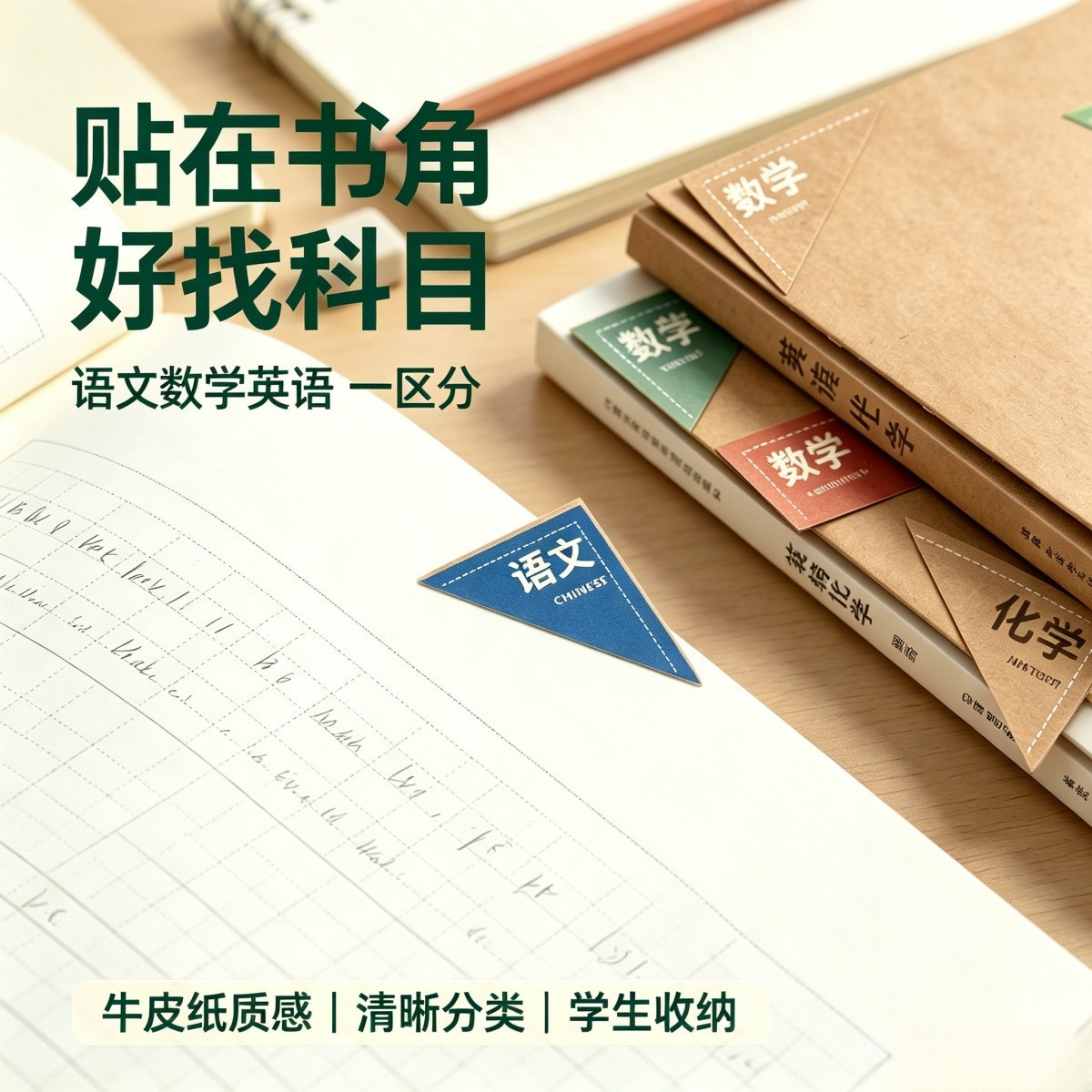 三角形书角贴学生用分类标记贴纸课本收纳神器牛皮纸质感清晰分类