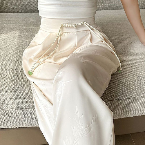Chinese ice silk pants2026新中式盘扣阔腿裤女薄款提花防晒裤