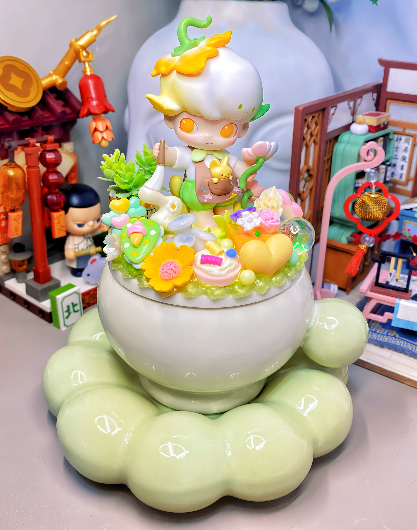 泡泡玛特杯dimoo梦里梦外春天画家云朵托盘杯diy手工奶油胶杯带灯