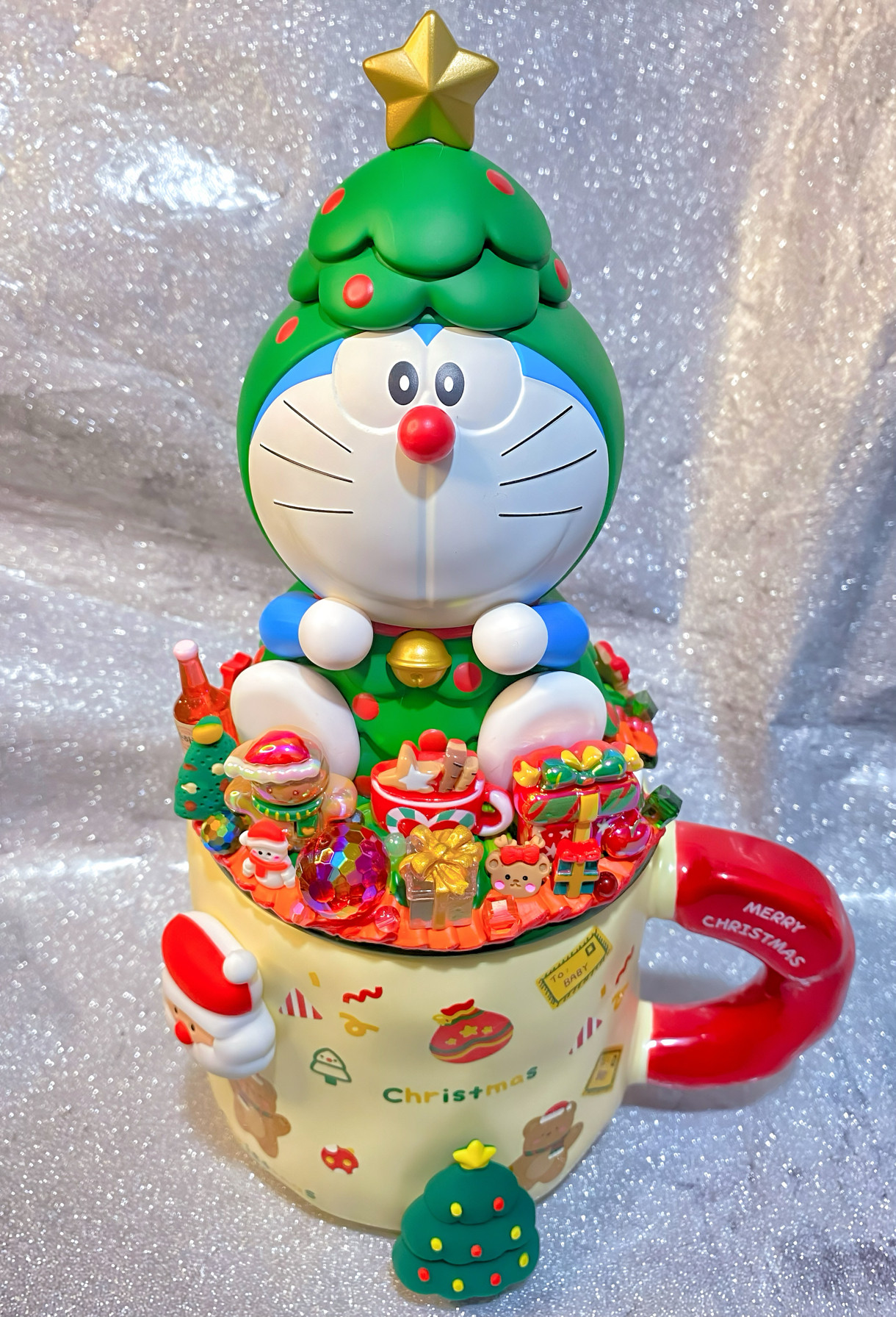 泡泡玛特杯圣诞节哆啦A梦圣诞树奶油胶杯圣诞节马克杯手工潮玩杯