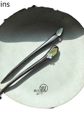 绿叶子黑木小花木制双面发簪复古古风清冷简约现饰日常森系