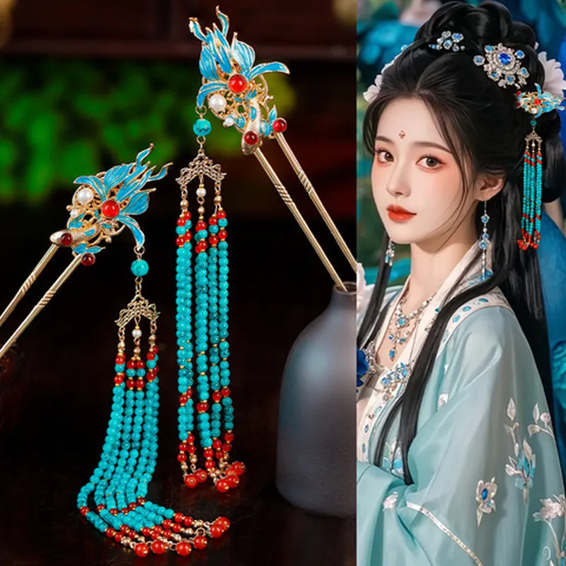 古风气质烧蓝流苏吊坠复古发簪汉服璎珞头饰饰品锦鲤马面裙新中式