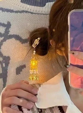 流苏宫灯凉亭发光发饰头饰爆款汉服簪子灯笼古风步摇发簪复古