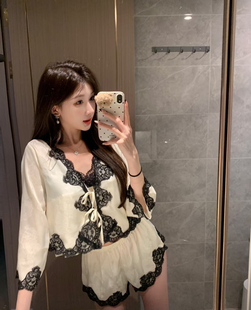 欧若拉睡衣女【蕾丝蜜语】春夏缎面纯欲吊带四件套高级感家居服