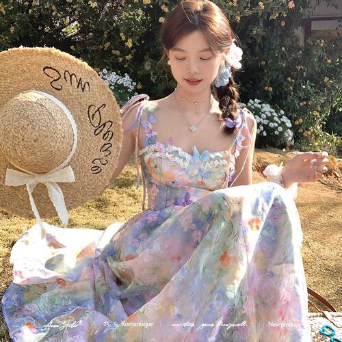 Acaine3/20 20:00 95折款浮光莫奈 油画氛围春日蝴蝶连衣裙