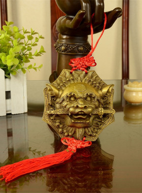 古韵斋 黄铜狮咬剑黄铜狮子兽头睚眦挂件门饰家居虎头牌摆件