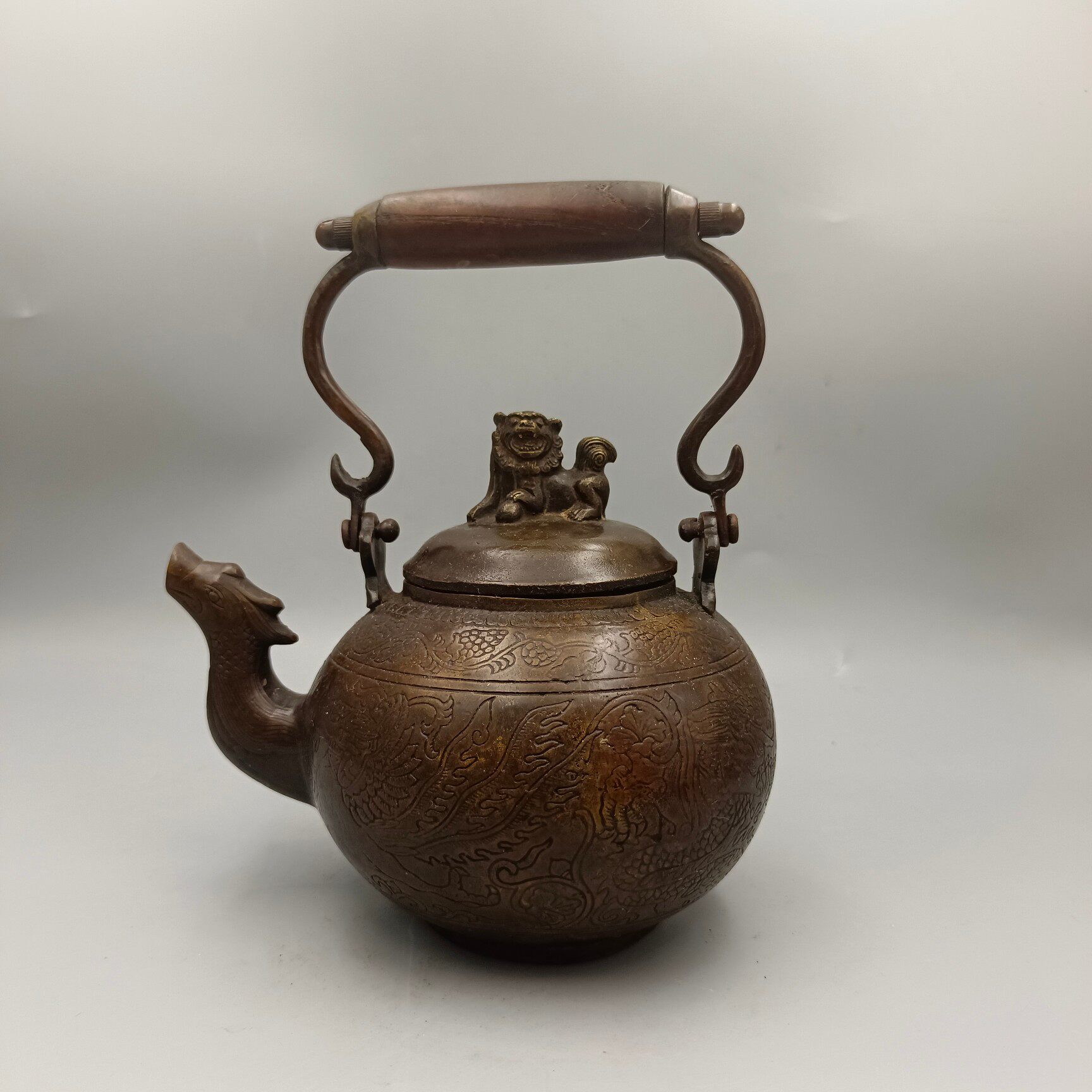 古韵斋 凤嘴狮盖提梁壶铜酒壶摆件 家居装饰工艺品 古玩收藏批发