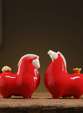 故宫红色小唐马茶宠摆件精品茶道配件桌面摆设马上有钱家居装饰品