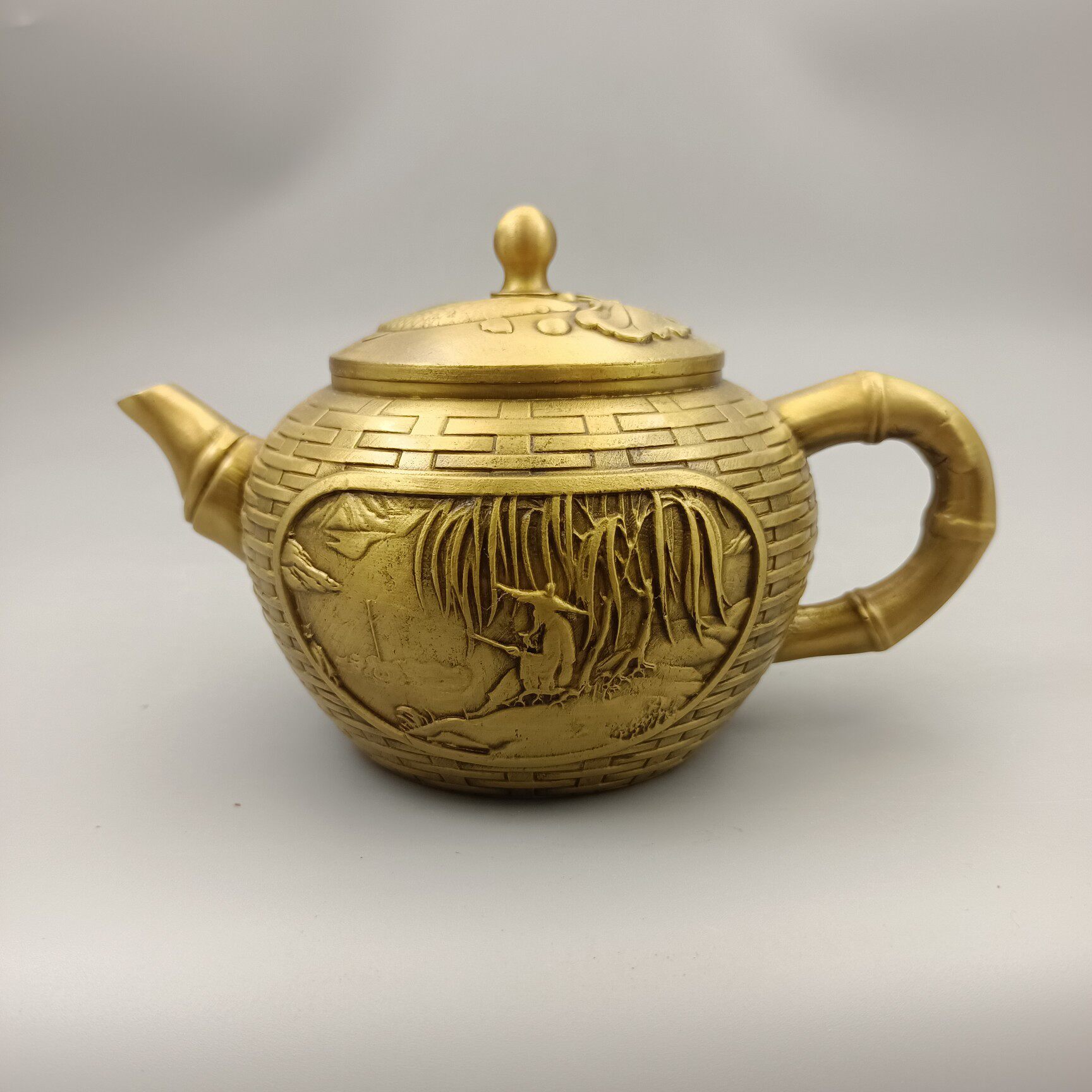 古玩铜器收藏铜摆件 姜太公垂钓铜酒壶 家居装饰创意礼品工艺品