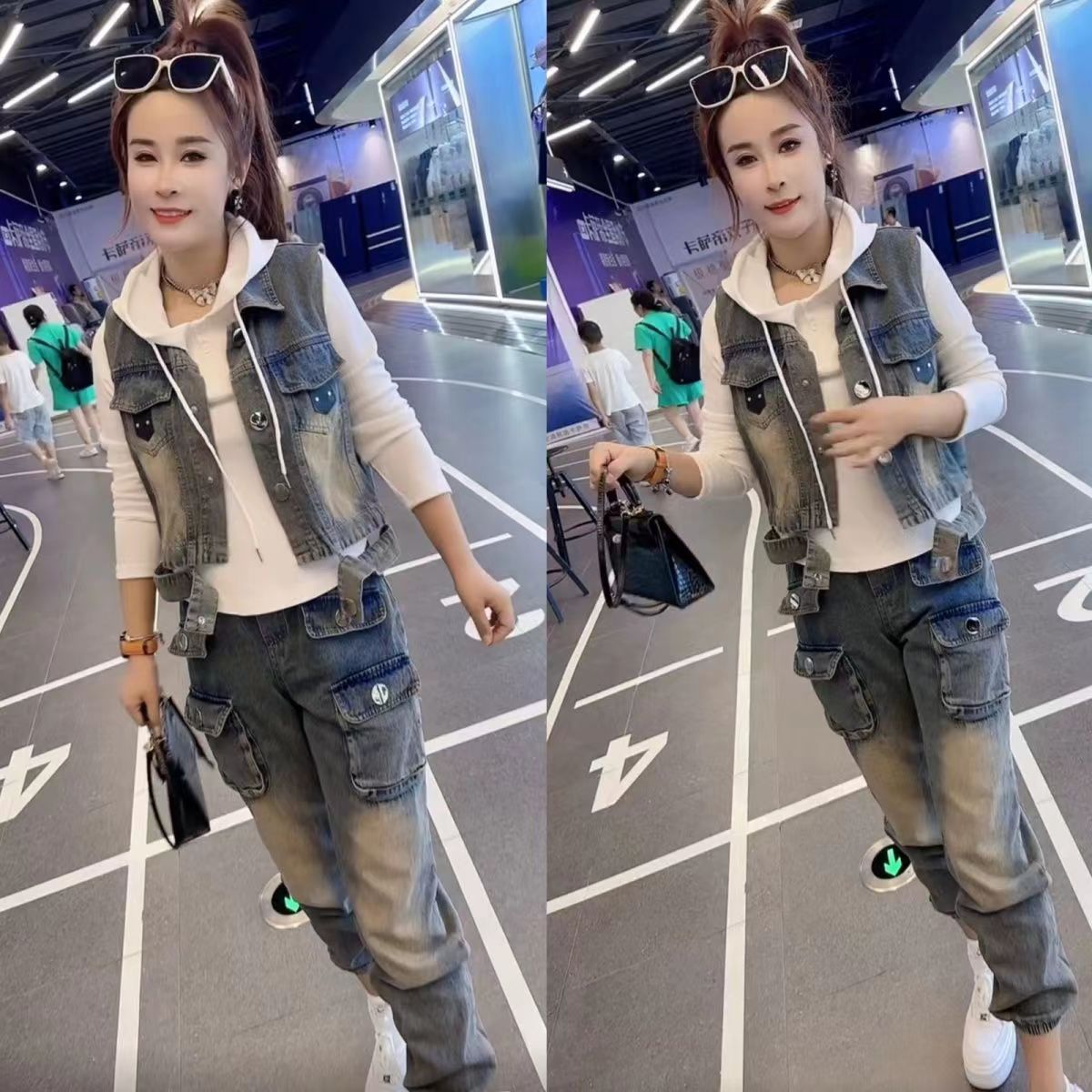 三件套韩版帽衫牛仔马甲休闲小脚裤女遮肉气质时尚百搭不挑人套装