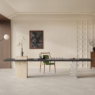 轻奢现代高级实木茶桌洞石底座客厅餐桌设计师阳台泡茶台办公桌椅