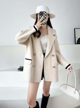 秋冬新款包边纯色呢子大衣英伦气质风双排扣毛呢大衣外套Tb-7539