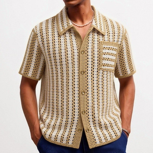 2026夏季复古条纹镂空短袖衬衫男老钱风休闲开衫POLO衫Men shirt