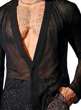 2025秋季男士深V领黑色性感透视长袖衬衣夜店表演服Men's shirts