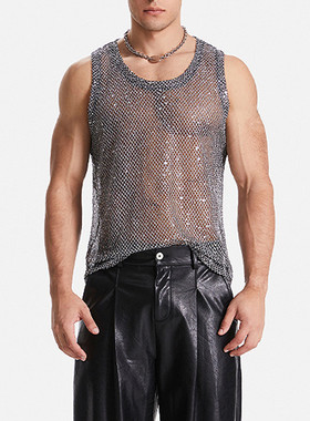 2026夏季欧美男士亮片镂空吊带背心夜店大码性感透视T恤Men vest