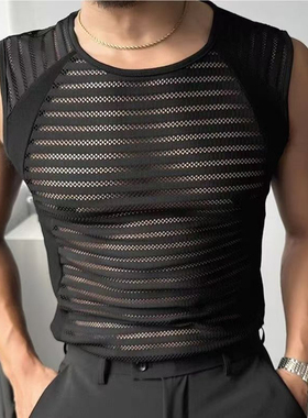 2026夏季性感透视网纱背心男嘻哈风无袖坎肩夜店演出服Men's vest
