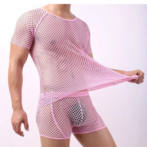 2026春夏性感镂空短袖T恤男透视渔网上衣Men sexy hollow T-shirt