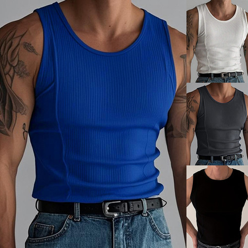 2026夏季外贸男式纯色竖条纹弹力修身背心运动吊带打底衫Men vest