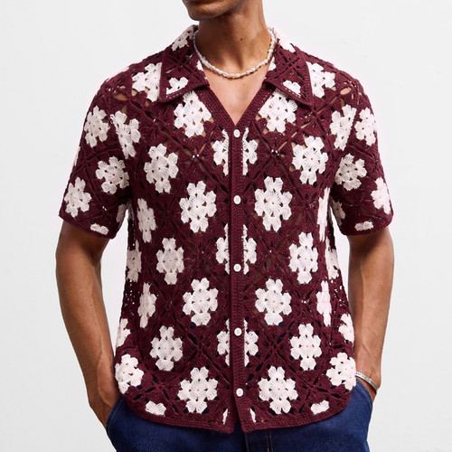 2026夏外贸拼色休闲针织短袖衬衣男镂空透气开衫polo衫Men shirt