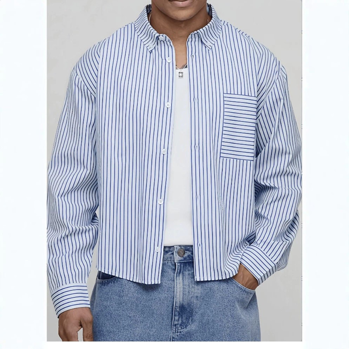 2026秋季美式条纹短款衬衫男宽松落肩长袖衬衣休闲外套Men shirt