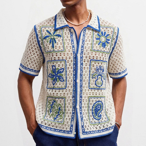 2026夏季美式复古镂空钩花短袖衬衣男度假开衫polo衫Men's shirt