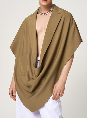 2025夏外贸休闲翻领披风不规则设计宽松无袖衬衣男Men shirt cape